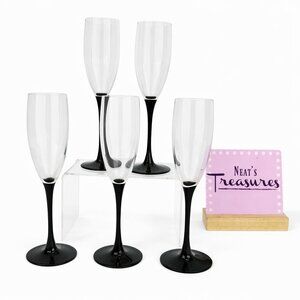 Luminarc France Jet Black Stem 6 oz Champagne Flutes 8 5/8" Glasses Set of 5